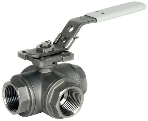 STAINLESS STEEL 316 BSPP  - 3 WAY - T PORT - LEVER BALL VALVE.