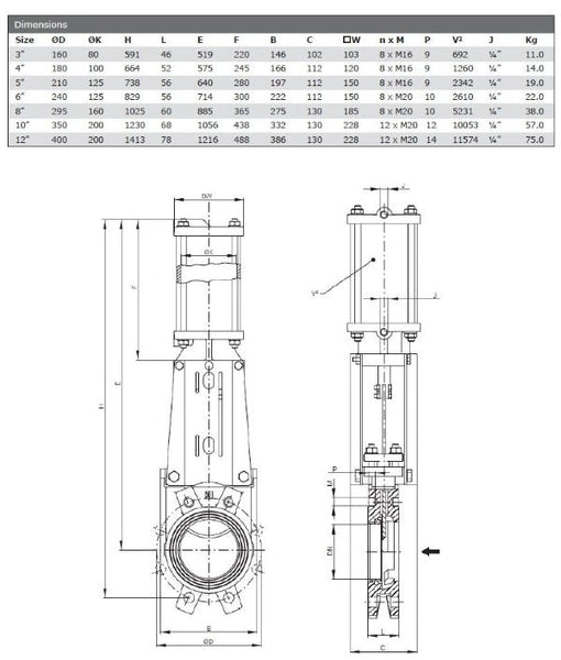 Cast Iron Knife Gate Valve - Unidirectional - Double Acting Actuator