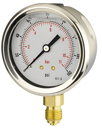 Pressure Gauge - 100mm Dial - 1/2" Bottom Entry - Glycerine Filled