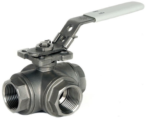 STAINLESS STEEL 316 BSPP  - 3 WAY - T PORT - LEVER BALL VALVE.