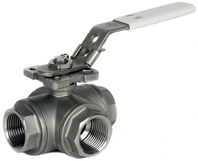 STAINLESS STEEL 316 BSPP  - 3 WAY - L PORT - LEVER BALL VALVE.