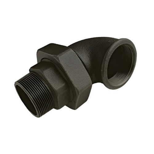 BLACK MALLEABLE IRON MALE/FEMALE UNION ELBOW BSP.