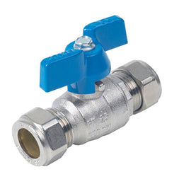 BRASS BALL VALVE - COMPRESSION END - BLUE BUTTERFLY HANDLE