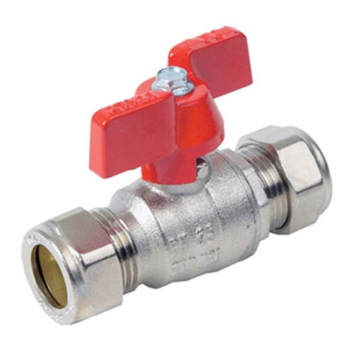 BRASS BALL VALVE - COMPRESSION END - RED BUTTERFLY HANDLE