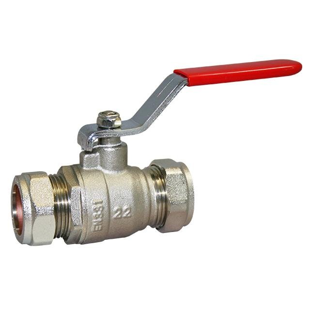 BRASS BALL VALVE - COMPRESSION ENDS - RED LEVER