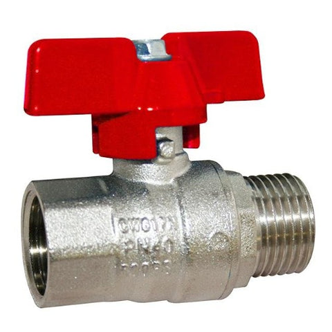 BRASS BSPP MALE x FEMALE BALL VALVE - RED BUTTERFLY HANDLE - WRAS APPROVED.
