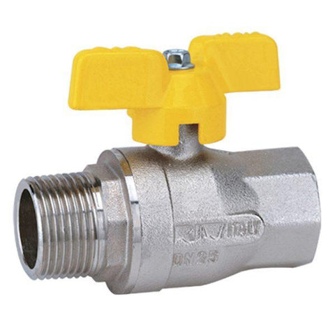 BRASS BSPP MALE x FEMALE BALL VALVE - YELLOW BUTTERFLY HANDLE - GAS/WRAS APPROVED.