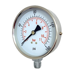 STAINLESS STEEL PRESSURE GAUGE - 100mm DIAL - 3/8" BOTTOM ENTRY