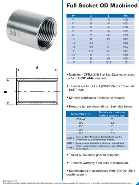 Stainless Steel 316 Full Socket BSPP 150lbs